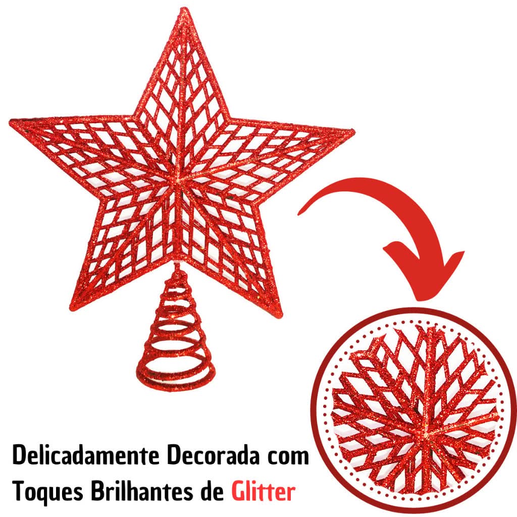 Estrela de Natal Ponteira Glitter Brilhante 20cm para Arvore Decoração